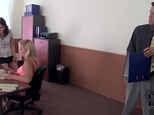 Office guy beats off to sexy lesbians