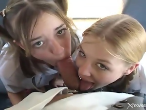 Cute schoolgirls in pigtails fucked on the bus