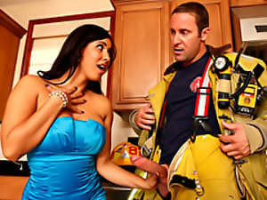 Wife in sexy dress blows fireman
