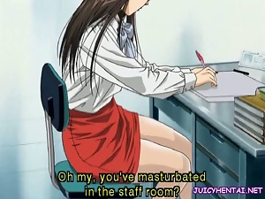 Horny anime babe masturbating herself with a pen