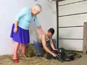Lewd  granny Cecilia gets her cunt and ass fucked in a barn