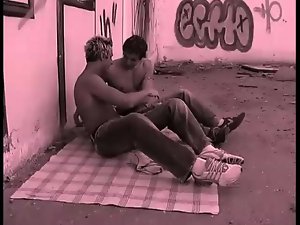Frenzied cocksucking with two hot guys outdoors