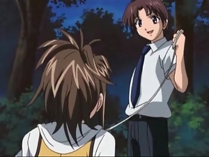 Girl on leash sucks anime cock in the woods