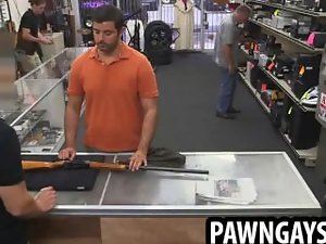 Amateur hunk tugging his prick at the pawn shop