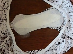 Cumshot on Housewifes Lacy Panties and Pantyliner