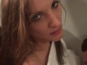 Luscious gaunt lass is getting penetrated in the public restroom