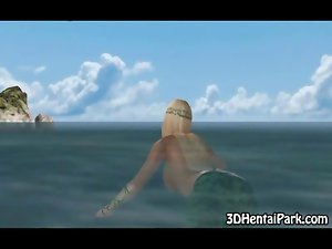 3d tempting blonde mermaid swims up to a boat