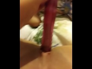 Horny Latina MILF teases little pussy with pink vibrator