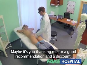 Artificial Hospital Doctor offers tempting blonde a discount on new knockers
